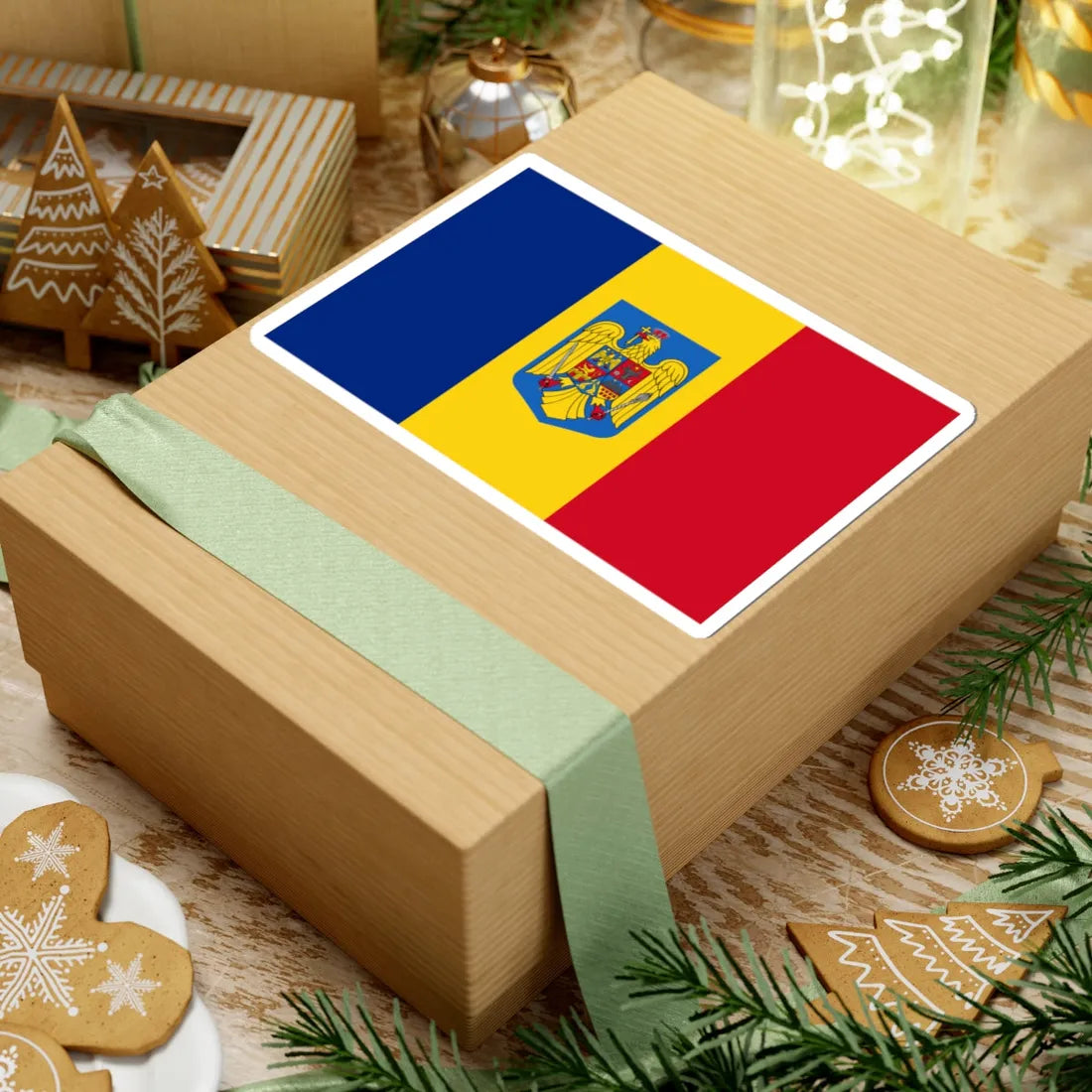 Flag of Romania with coat of arms (Oman) STICKER Vinyl Kiss-Cut Decal - The Sticker Space