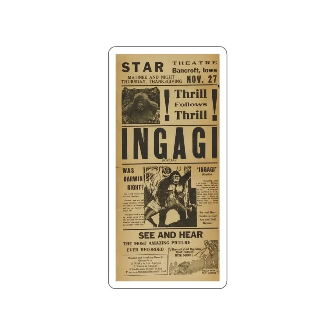INGAGI (2) 1930 Movie Poster STICKER Vinyl Die-Cut Decal - The Sticker Space