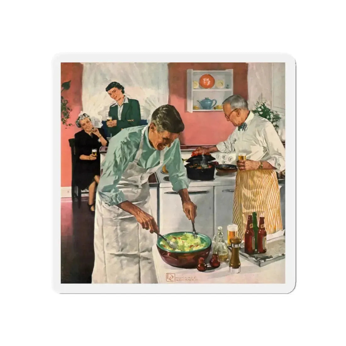 Men's Night In The Kitchen. Number 52 in the series 'Home Life in America' (Magazine Illustration) Refrigerator Magnet - The Sticker Space