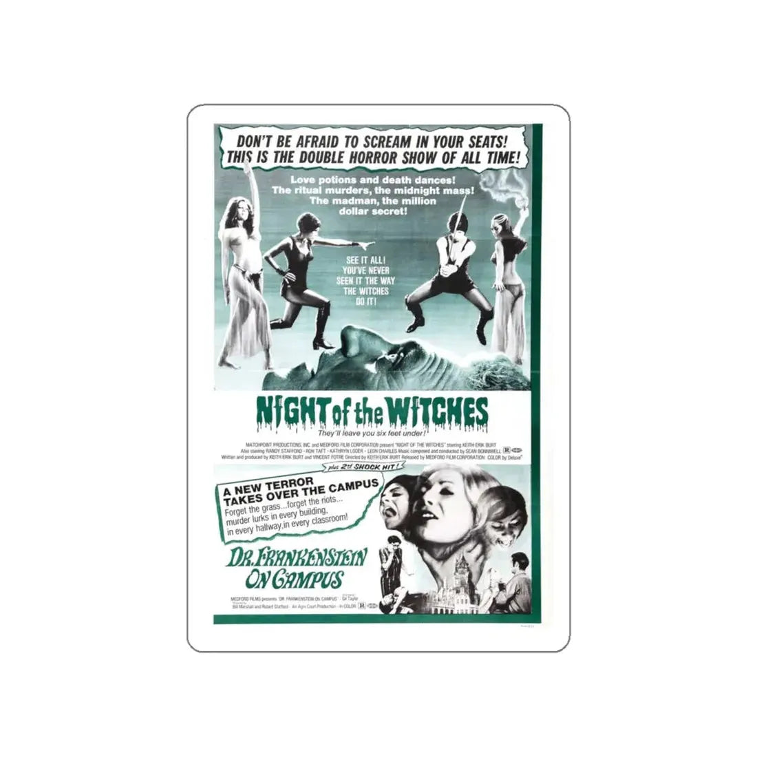 NIGHT OF THE WITCHES + DR FRANKENSTEIN ON CAMPUS 1970 Movie Poster STICKER Vinyl Die-Cut Decal - The Sticker Space