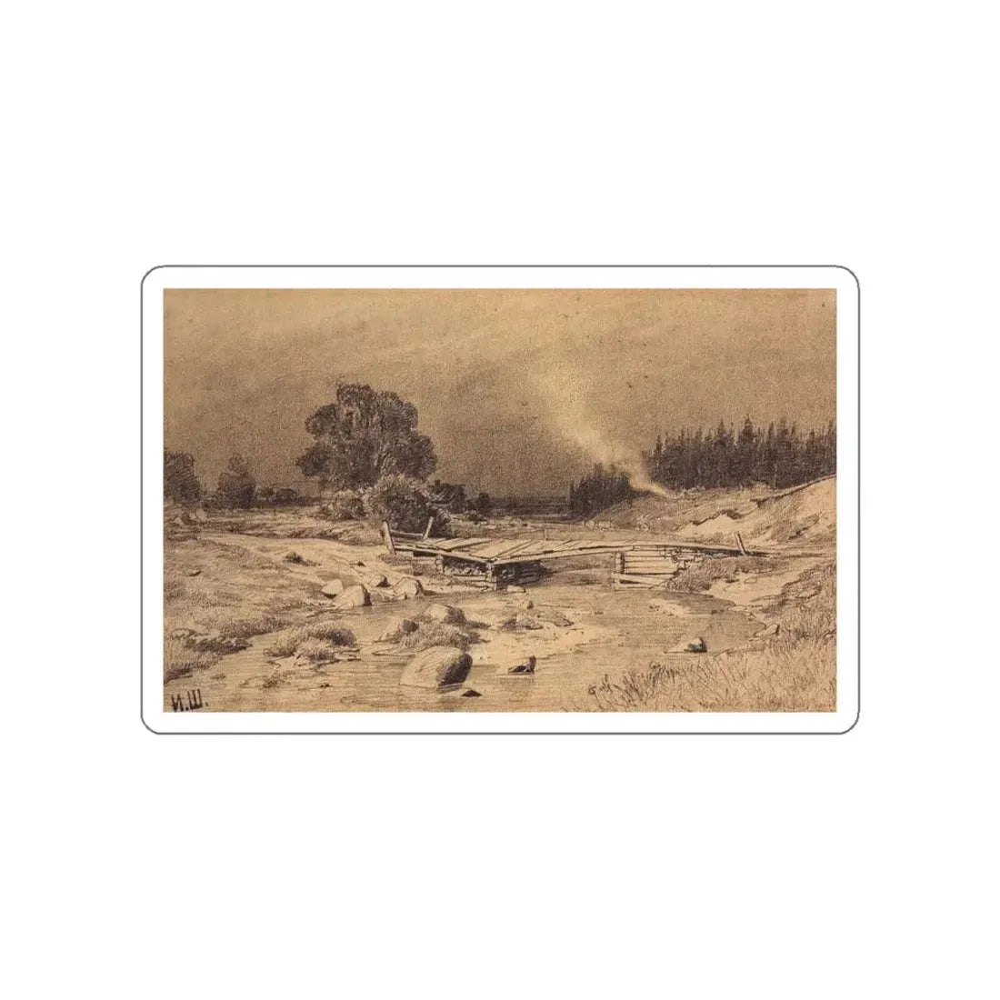 SHISKIN, Ivan Ivanovich - Bridge over the stream. 1870 (Artwork) STICKER Vinyl Die-Cut Decal White Die-Cut 6 Inch - The Sticker Space