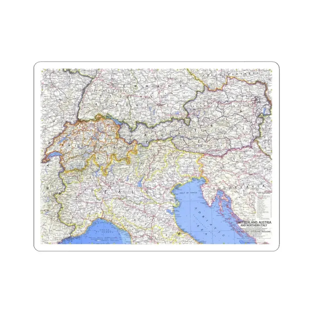 Switzerland, Austria, and Northern Italy (1965) (Map) STICKER Vinyl Kiss-Cut Decal 3 Inch White - The Sticker Space