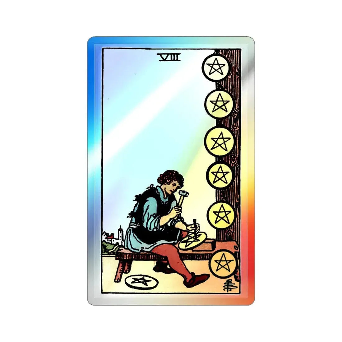 The 8 of Pentacles (Tarot Card) Holographic STICKER Die-Cut Vinyl Decal - The Sticker Space
