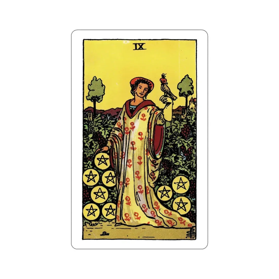 The 9 of Pentacles (Rider Waite Tarot Deck) STICKER Vinyl Die-Cut Decal 5 Inch - The Sticker Space