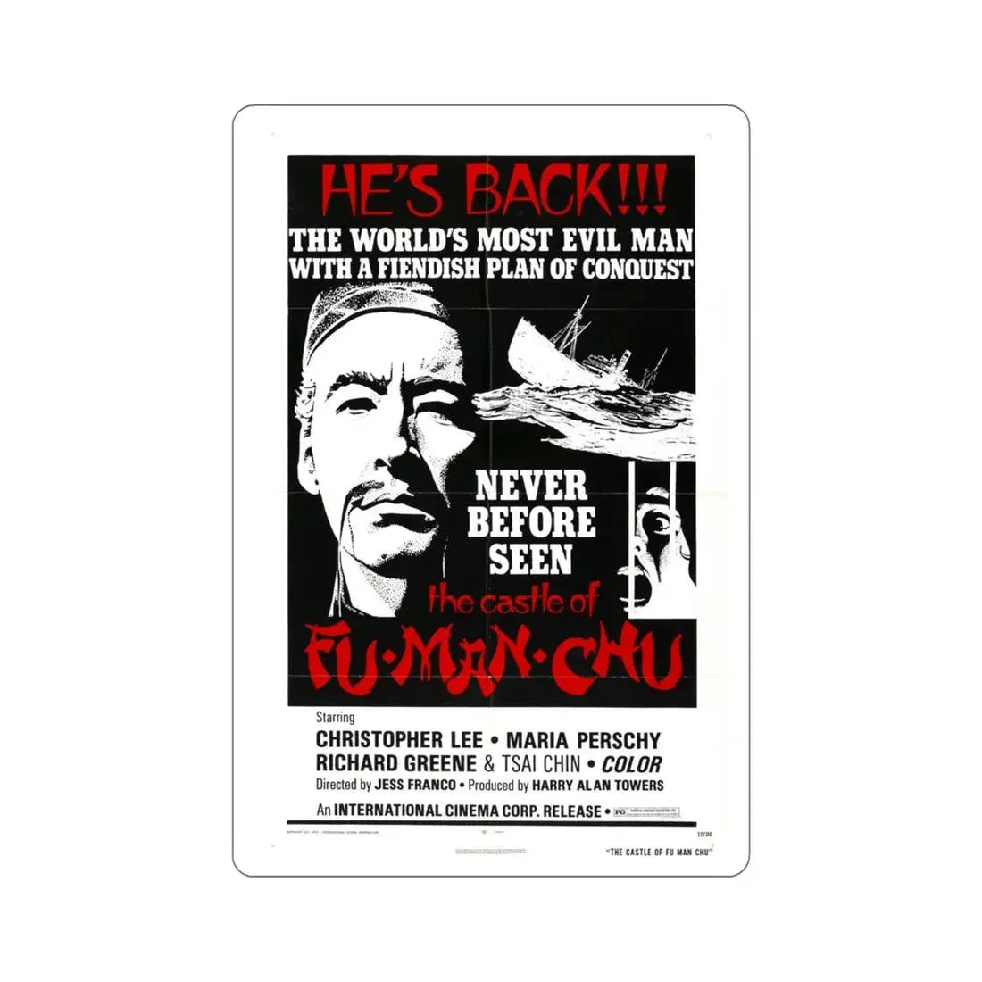 The Castle of Fu Manchu v2 1972 Movie Poster STICKER Vinyl Die-Cut Decal 5 Inch - The Sticker Space