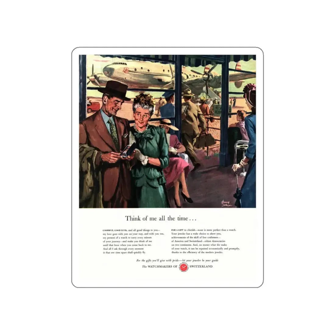 The Watchmakers of Switzerland ad, Collier's, August 14, 1948 (Magazine Illustration) STICKER Vinyl Die-Cut Decal White Die-Cut 6 Inch - The Sticker Space