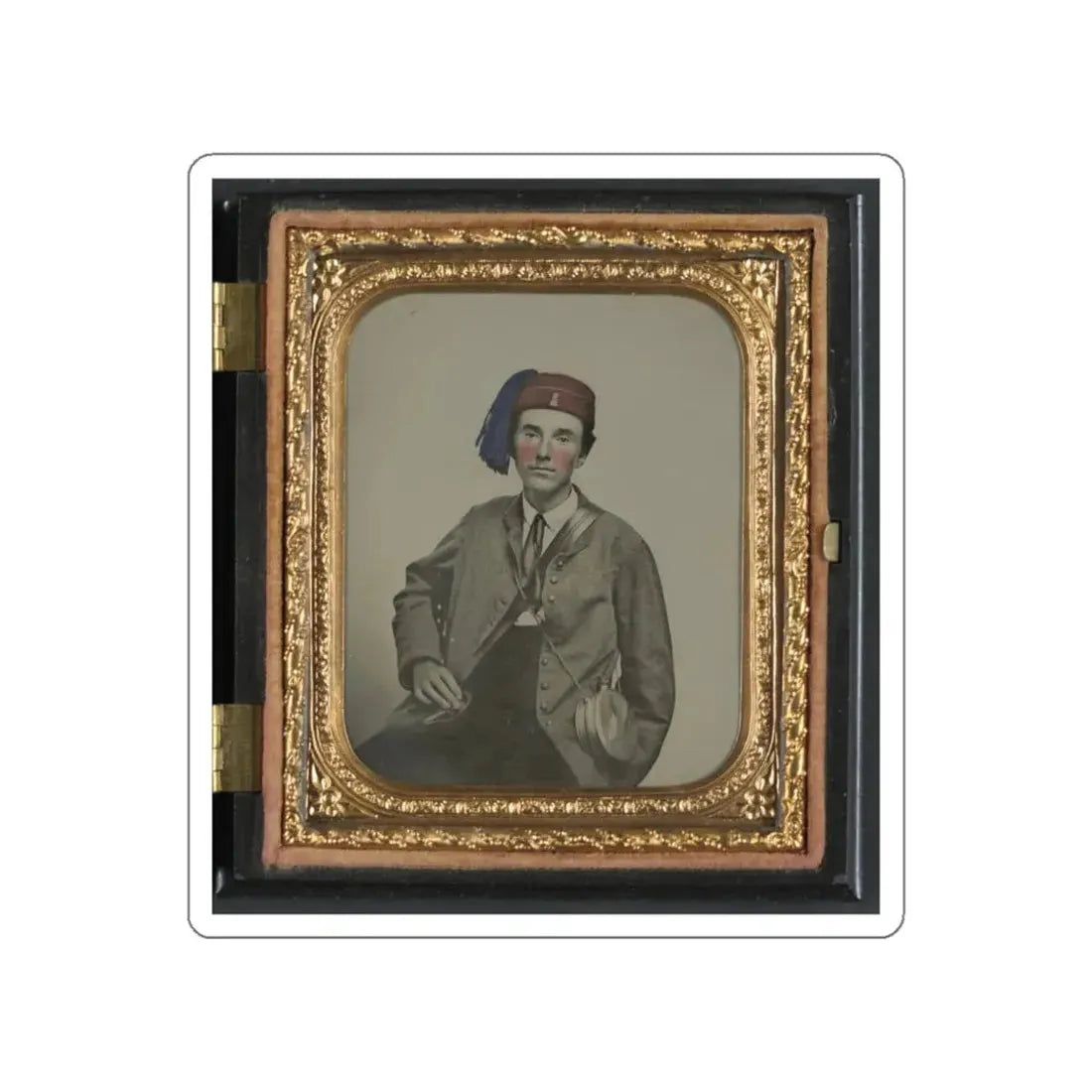 Unidentified Soldier In Confederate Uniform With I Buttons And Company B Hat With Tin Drum Canteen (U.S. Civil War) STICKER Vinyl Die-Cut Decal - The Sticker Space