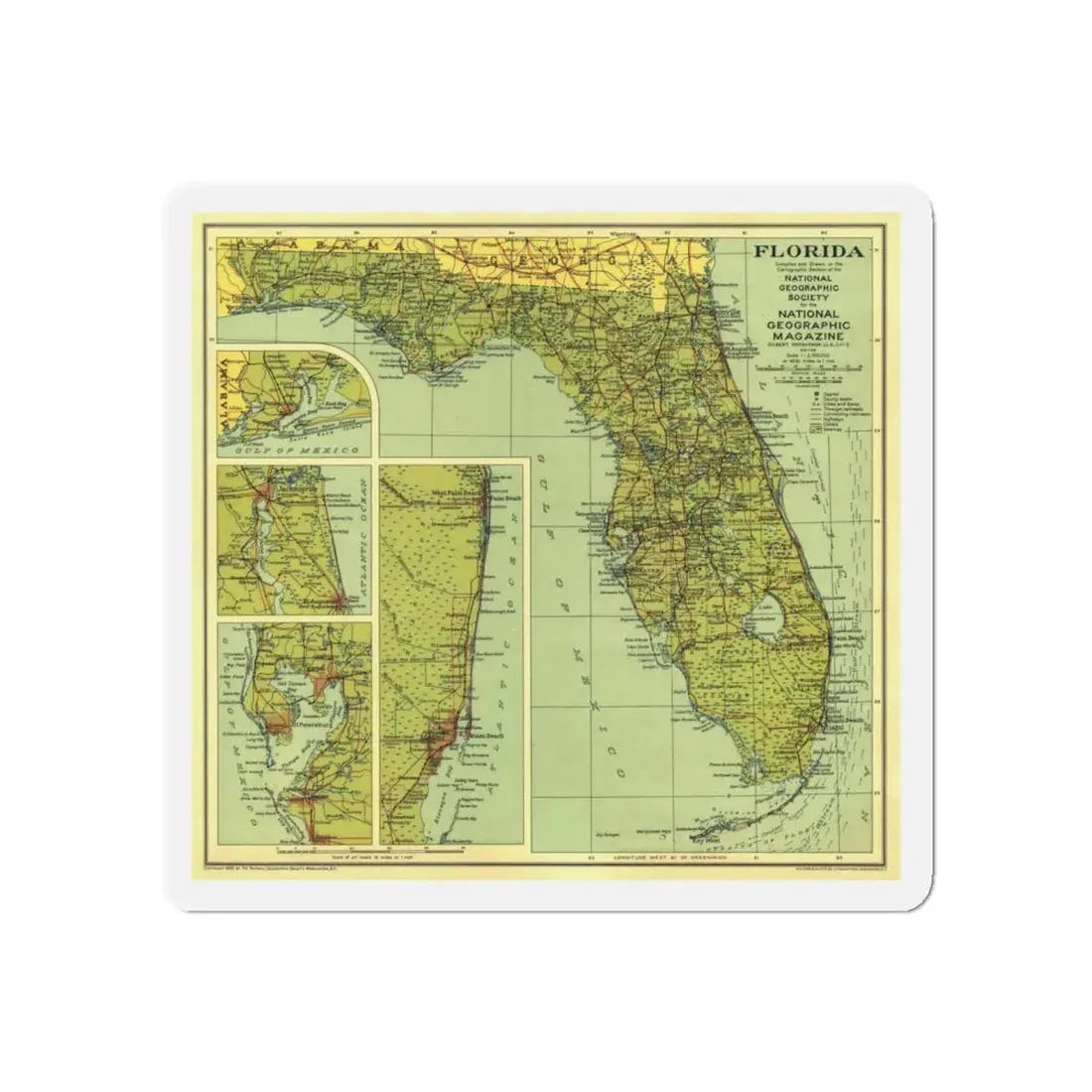 USA - Florida (1930) (Map) Refrigerator Magnet 5 Inch - The Sticker Space