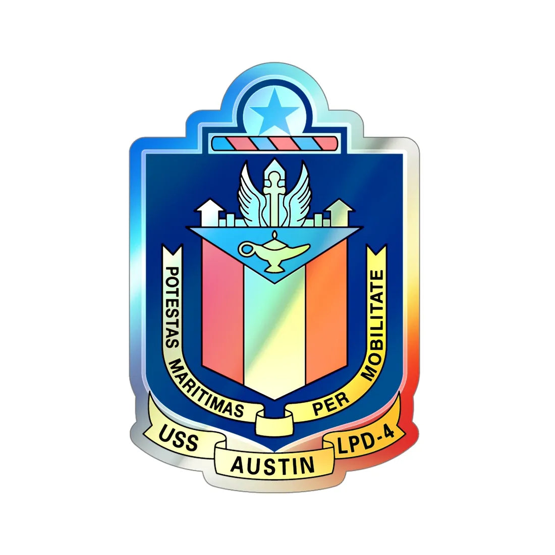 USS Austin LPD 4 Potestas Maritimas Per Mobilitate (U.S. Navy) Holographic STICKER Die-Cut Vinyl Decal 5 Inch Holographic - The Sticker Space