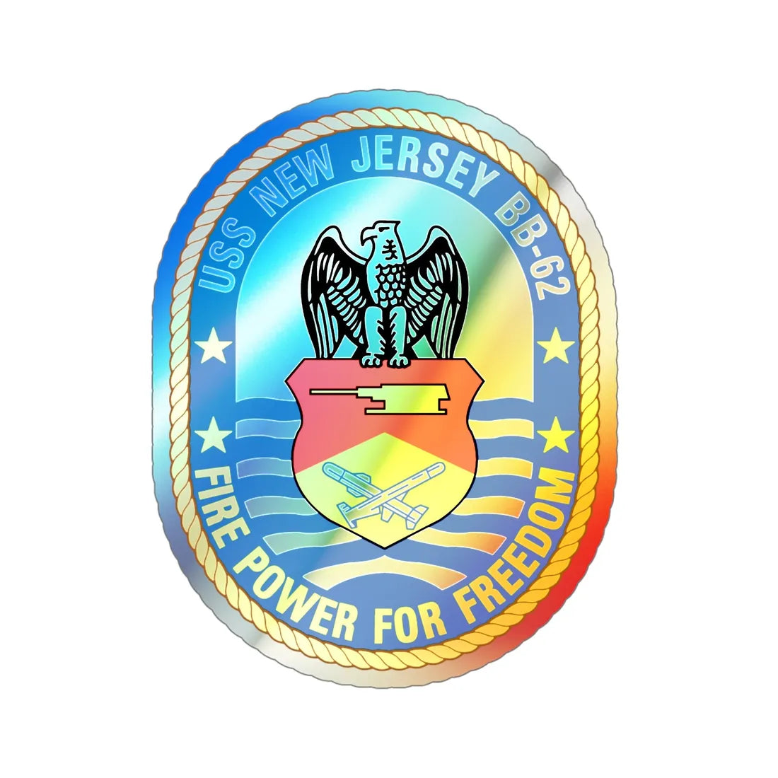 USS New Jersey BB 62 Fire Power For Freedom (U.S. Navy) Holographic STICKER Die-Cut Vinyl Decal 5 Inch Holographic - The Sticker Space