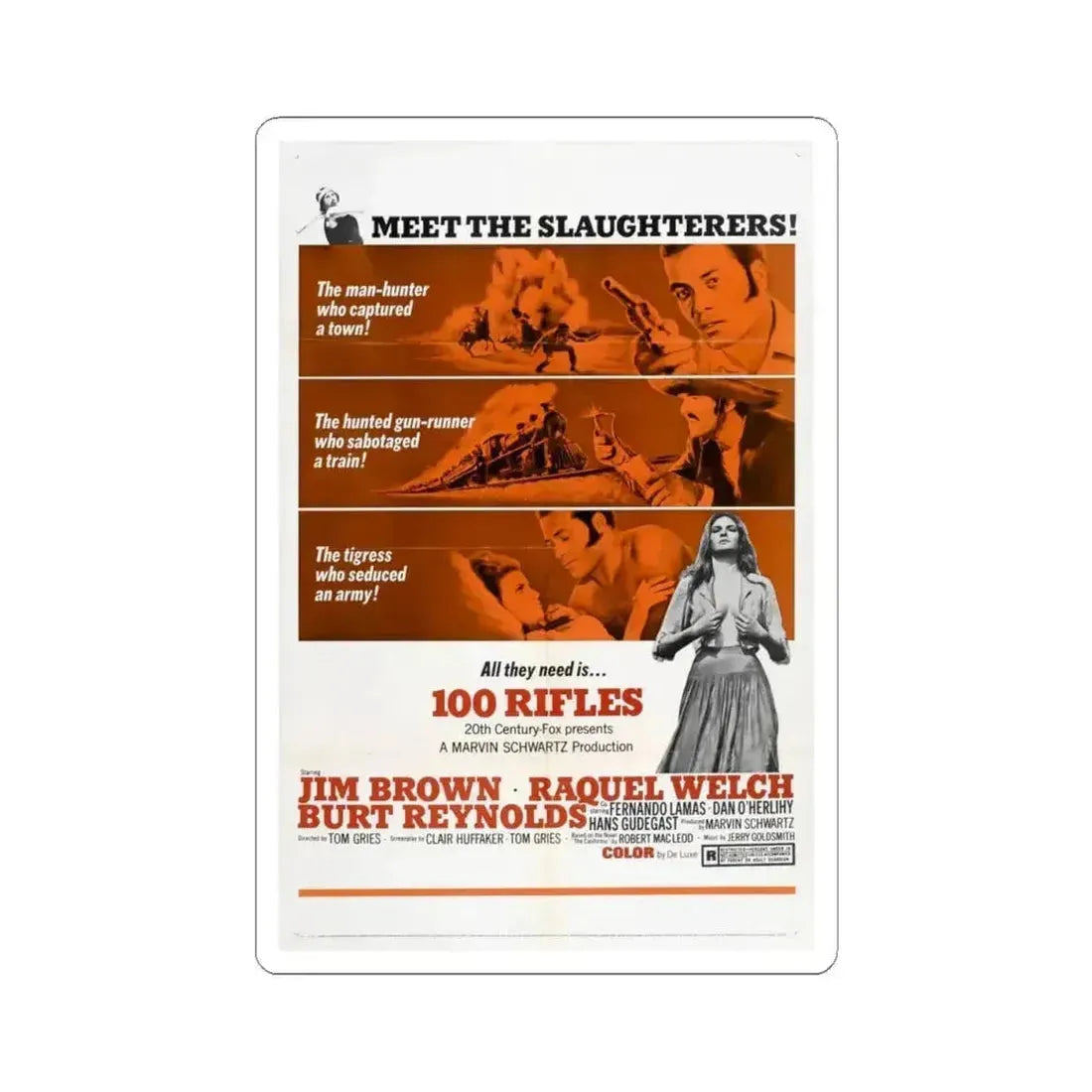 100 Rifles 1969 Movie Poster - STICKER Vinyl Kiss-Cut Decal 4 Inch White - The Sticker Space