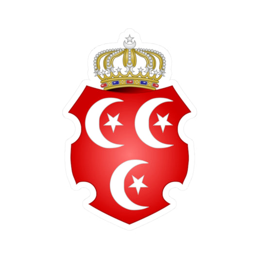 Red heraldic shield with three white crescent moons, each with a star, under a gold crown set with jewels.