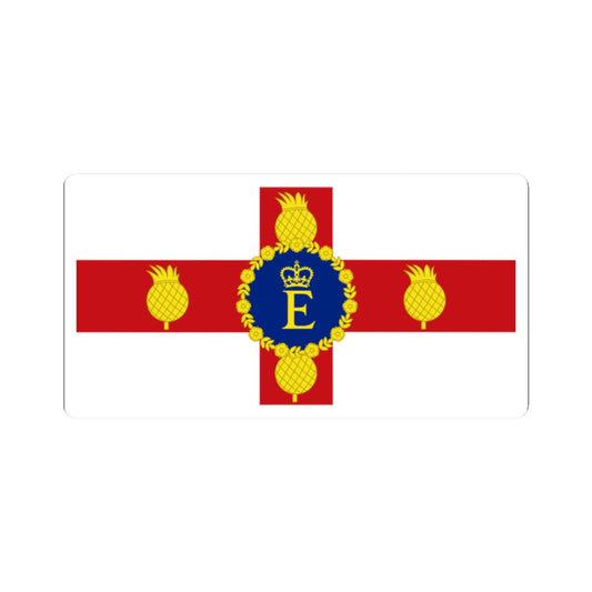 Flat red and white cross with gold pineapples at each arm end and a navy roundel bearing a gold crown and E.