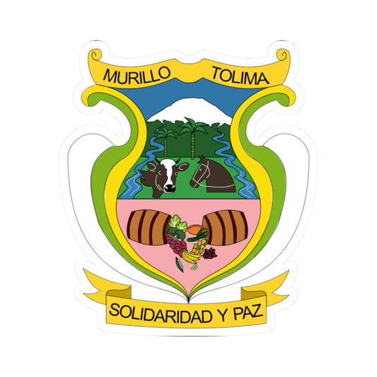 Flat vector coat of arms with a cow and horse head, palm trees, a snowy mountain, barrels and fruit.