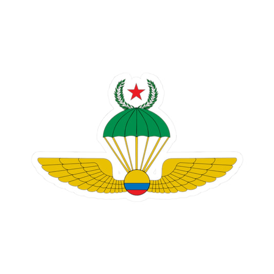 Gold winged badge with a green parachute canopy, a green laurel wreath, a red star, and a tricolour roundel below.