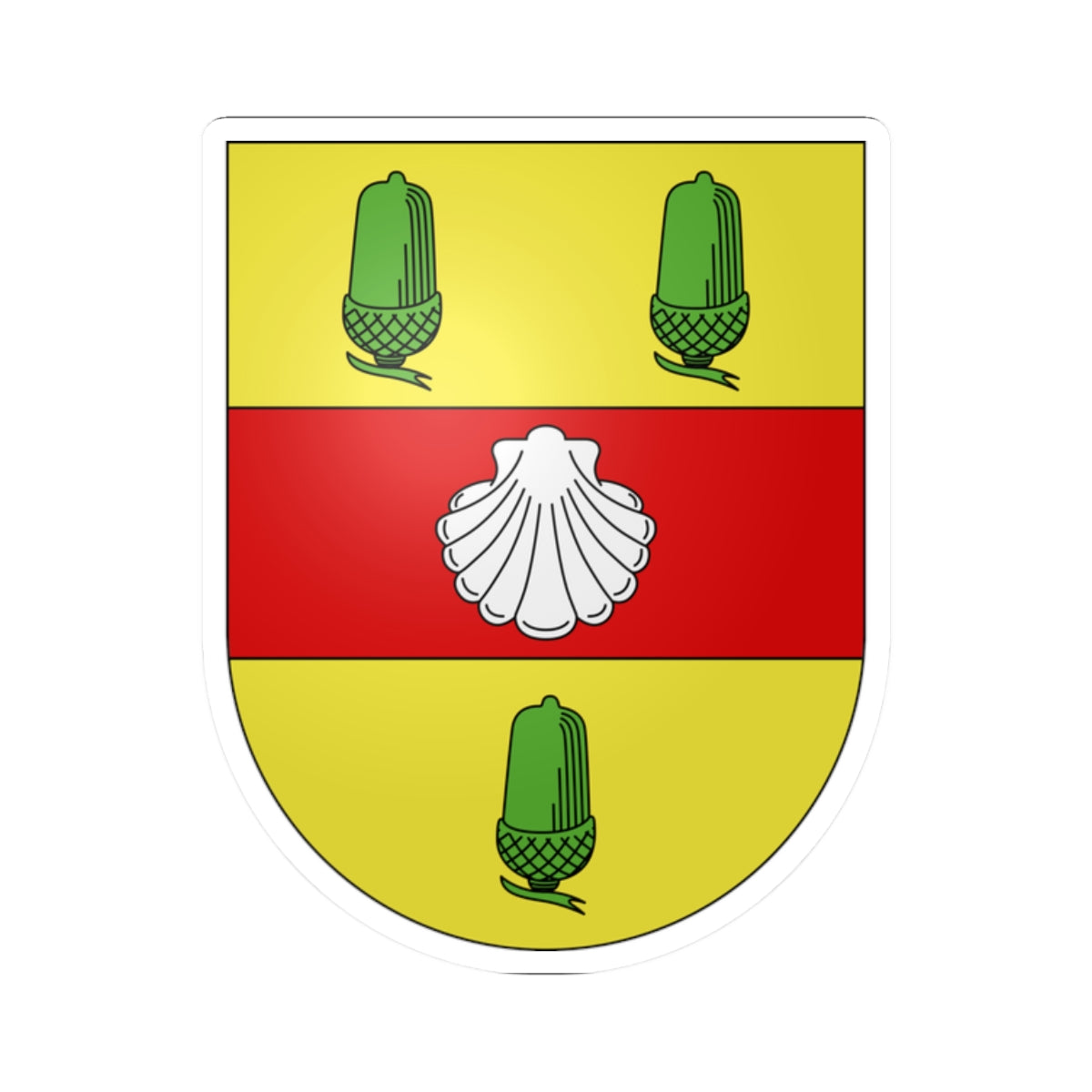 Heraldic shield with a yellow field, three green acorns, and a white scallop shell on a red band.