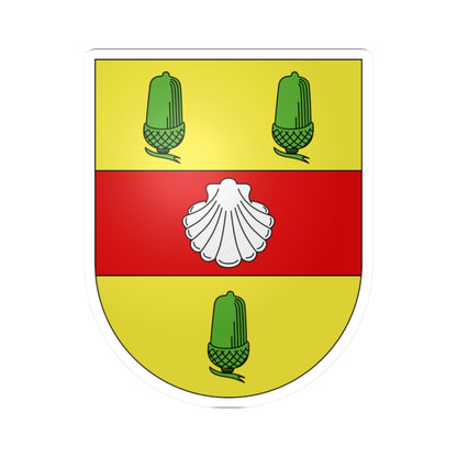Heraldic shield with a yellow field, three green acorns, and a white scallop shell on a red band.