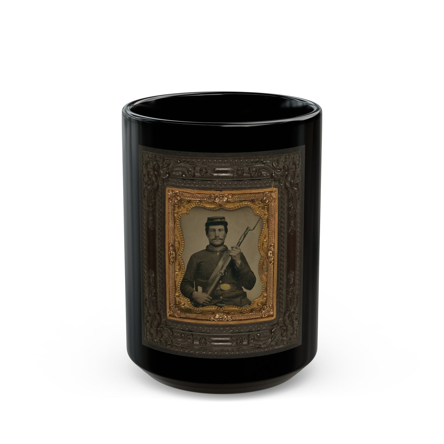 Private William F. Bower Of Company D, 21st Ohio Regiment Infantry Volunteers, With Bayoneted Musket (U.S. Civil War) Black Coffee Mug