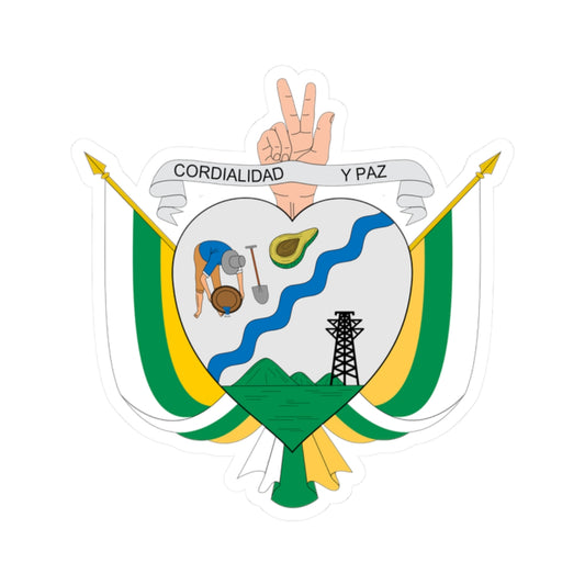Flat vector heart-shaped emblem with a worker at a basin, an avocado, a blue river and an oil derrick.