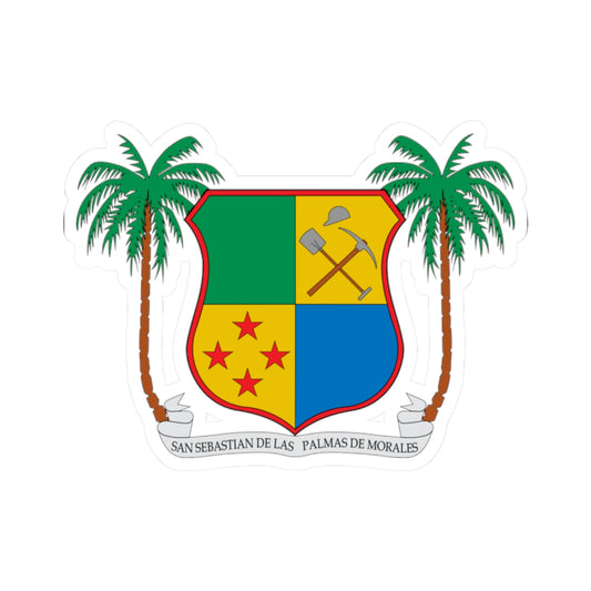 Quartered heraldic shield with crossed shovel and pickaxe, a mining helmet, four red stars and two palm trees.