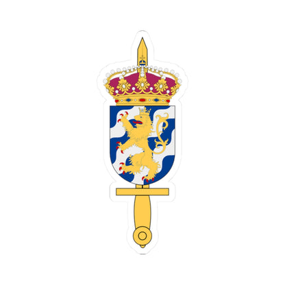 Crowned lion rampant on a blue and white wavy shield, with a sword beneath and a pearl-studded crown above.