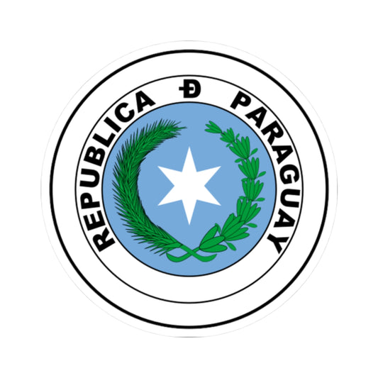 Round national seal with a white star on light blue, green palm and laurel branches and black lettering around the rim.