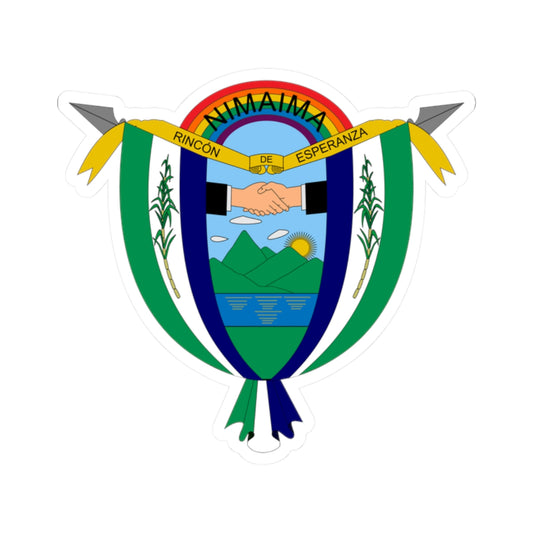 Coat of arms with a handshake over green mountains and a lake, with sugarcane and a rainbow in a gold ribbon.