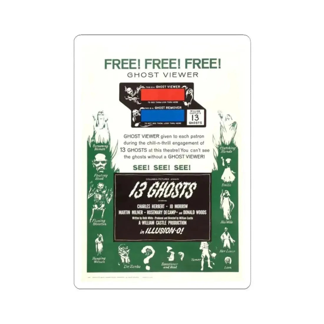 13 GHOSTS (2) 1960 Movie Poster - STICKER Vinyl Kiss-Cut Decal 2 Inch White - The Sticker Space
