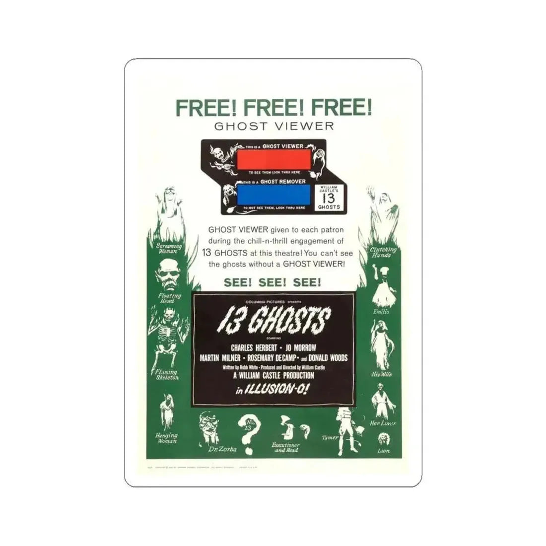 13 GHOSTS (2) 1960 Movie Poster - STICKER Vinyl Kiss-Cut Decal 6 Inch White - The Sticker Space