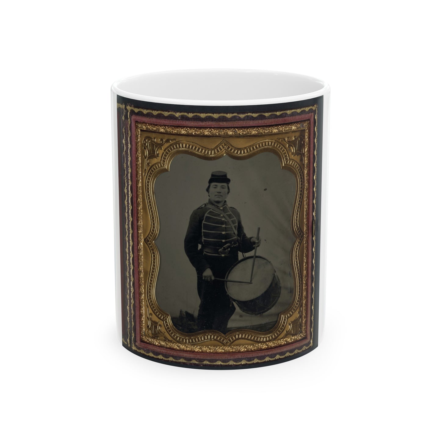 Private William V. Haines Of Company H, 49th Ohio Infantry Regiment, In Uniform And Ohio Volunteer Militia Belt Buckle With Drum (U.S. Civil War) White Coffee Mug