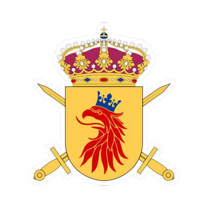 Gold heraldic shield bearing a red bird head with a blue crown, under a royal crown and crossed swords.