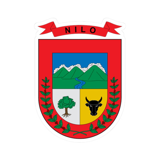 Red heraldic coat of arms with a black bull head, a tree and green mountains above a winding blue river.