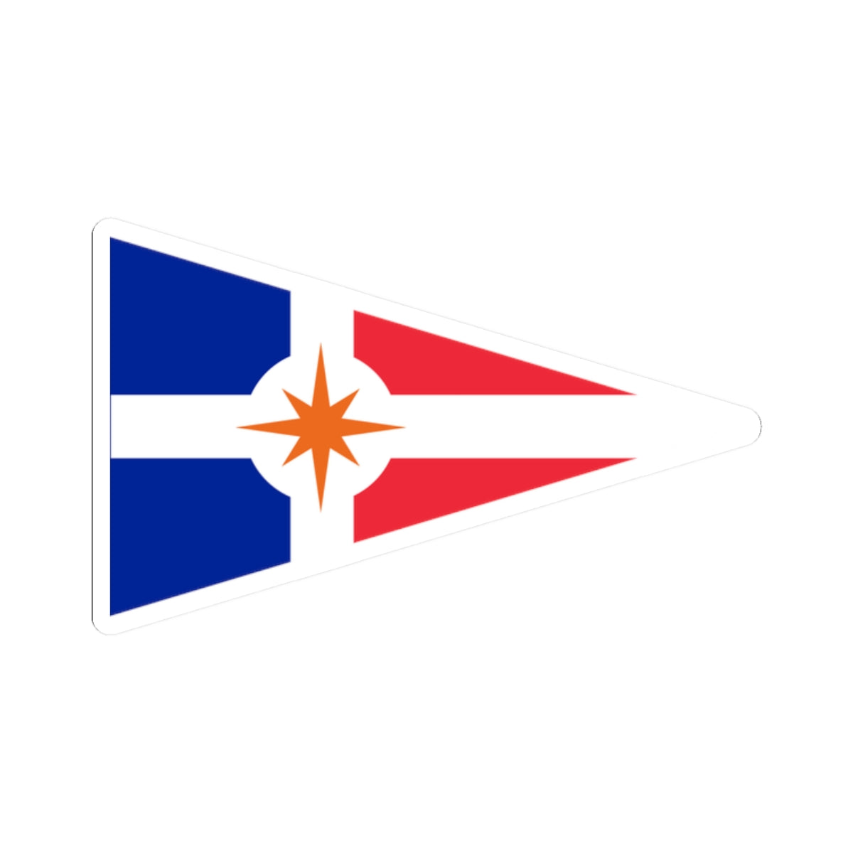 Triangular nautical pennant split blue and red with a white horizontal band and an orange eight-pointed star.