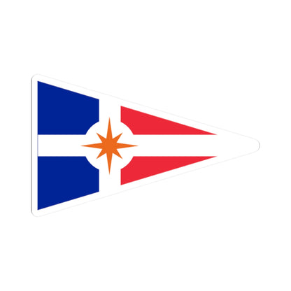 Triangular nautical pennant split blue and red with a white horizontal band and an orange eight-pointed star.