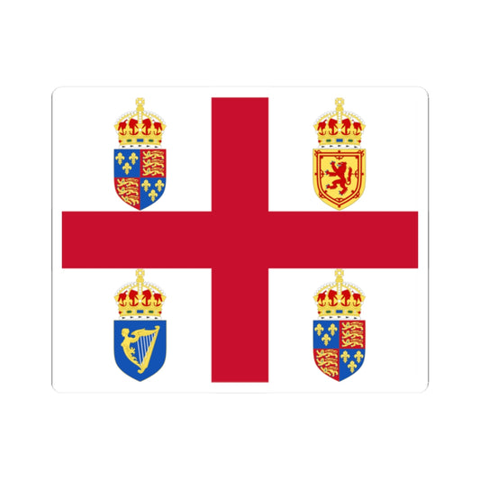Red cross on white with four crowned heraldic shields in the corners, showing lions, fleurs-de-lis and a harp.