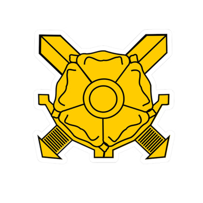 Gold rose over two crossed swords with hatched grips, outlined in black on a white background.