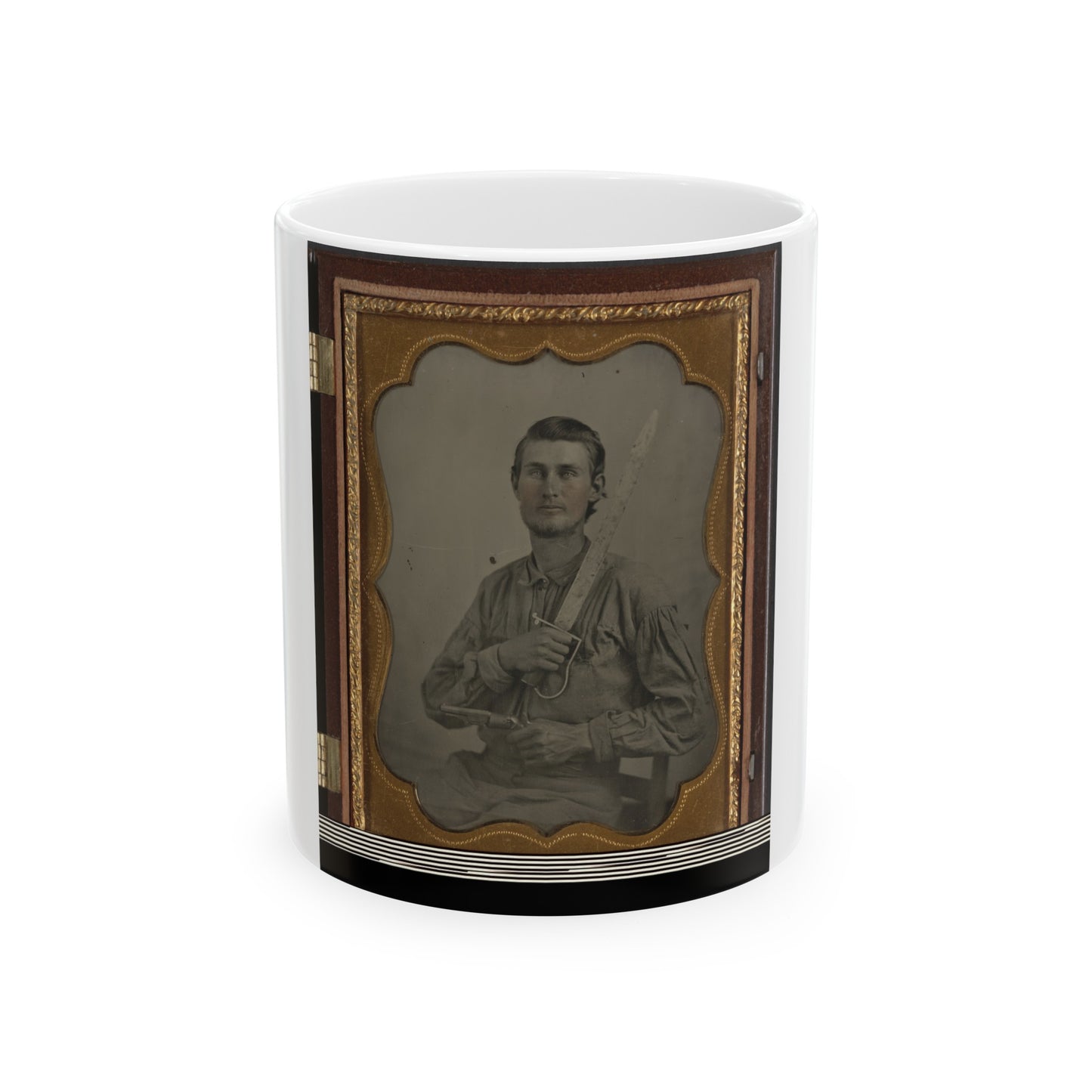 Private Simeon J. Crews Of Co. F, 7th Texas Cavalry Regiment, With Cut Down Saber And Revolver (U.S. Civil War) White Coffee Mug