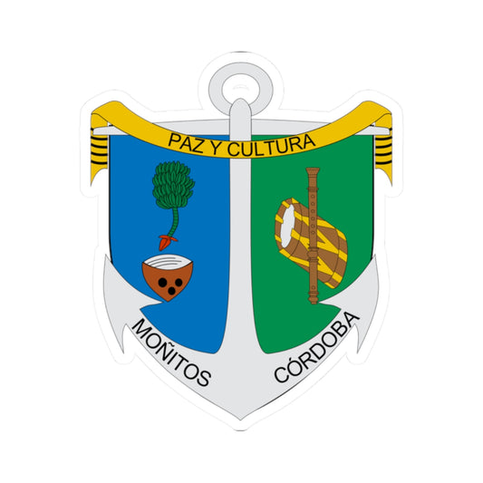 Coat of arms in an anchor shape with a gaita flute, a drum, a halved coconut and a palm sprig in blue, green and gold.