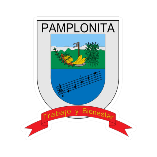 Grey heraldic shield with coffee, oranges, bananas, corn and a hoe, and a red ribbon labelled PAMPLONITA.