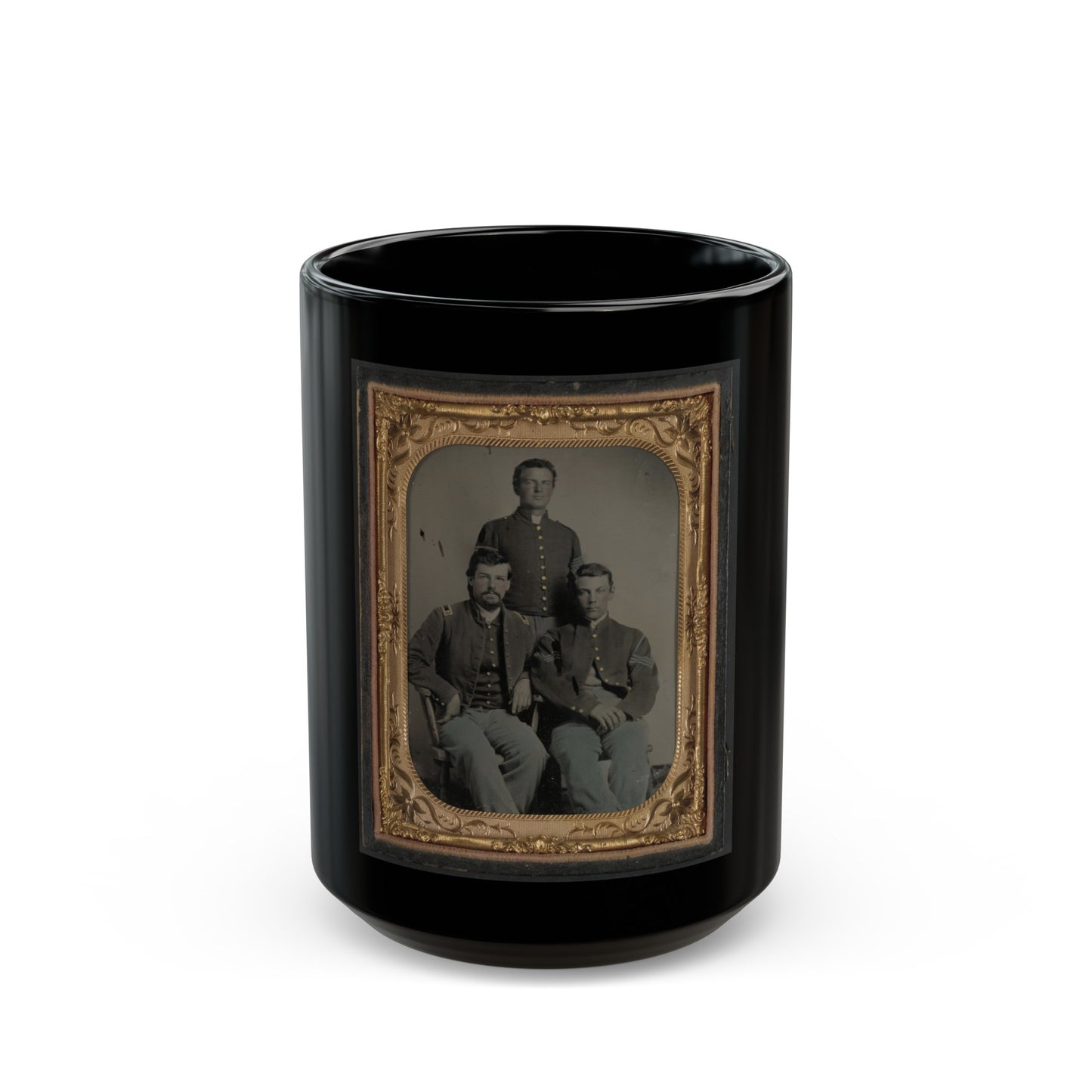 Three Unidentified Soldiers In Union 1st Lieutenant, 1st Sergeant, And Master Sergeant Uniforms (U.S. Civil War) Black Coffee Mug
