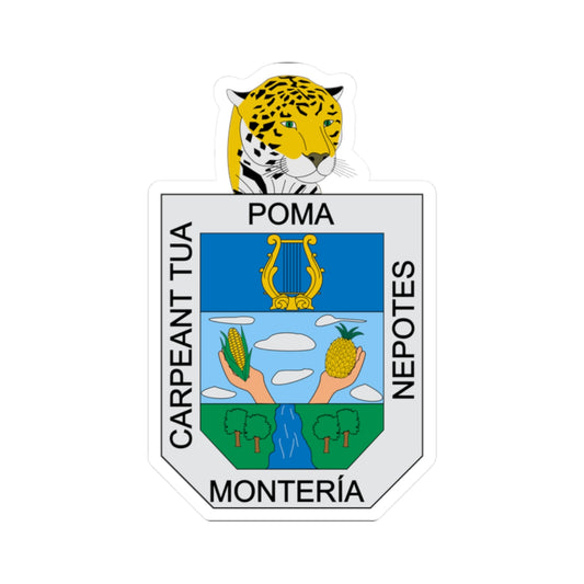 Coat of arms with a golden jaguar head, a lyre, corn and pineapple held in hands over a river between trees.
