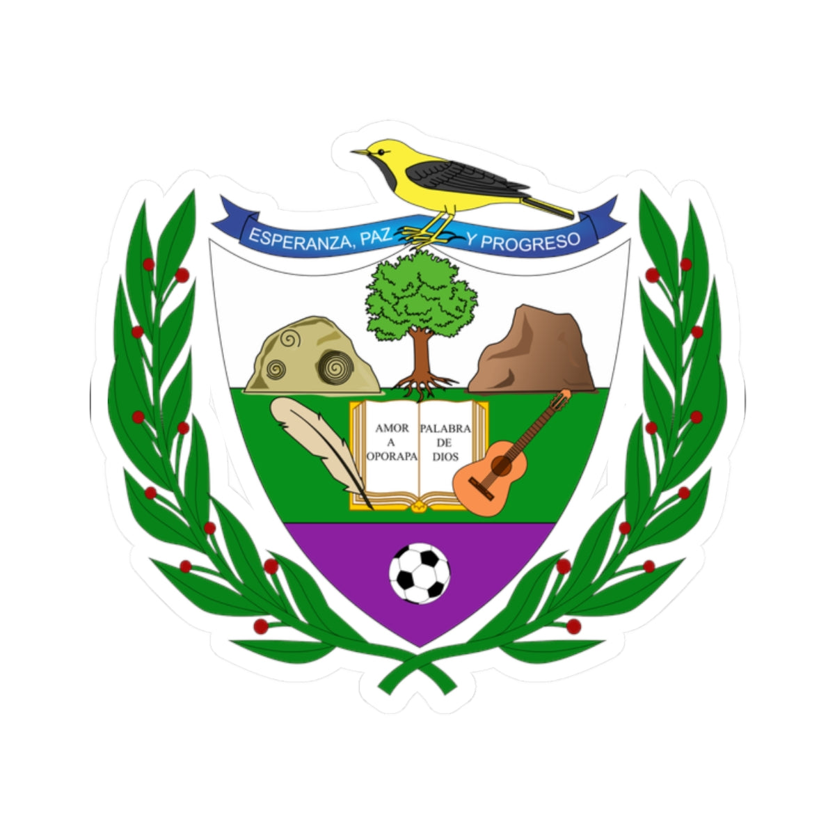Coat of arms with a yellow songbird, a tree, a quill and open book, a guitar and a ball inside a laurel wreath.