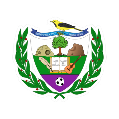 Coat of arms with a yellow songbird, a tree, a quill and open book, a guitar and a ball inside a laurel wreath.