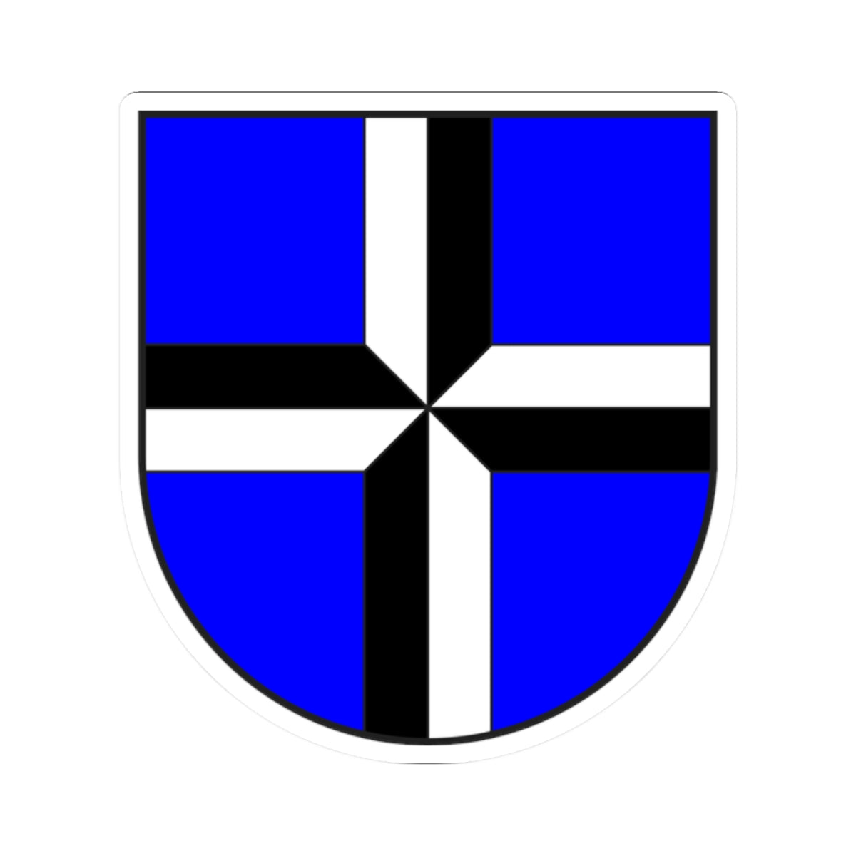 Blue heraldic shield quartered by a black and white cross with mitred corners, outlined in black.