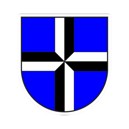 Blue heraldic shield quartered by a black and white cross with mitred corners, outlined in black.