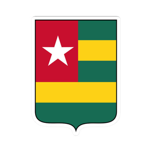 Shield design of horizontal green and yellow stripes with a white star on a red upper-left canton.