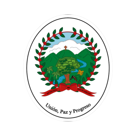 Flat vector oval seal with a large tree, mountains, a river, palms and a bird in a wreath of red berries.