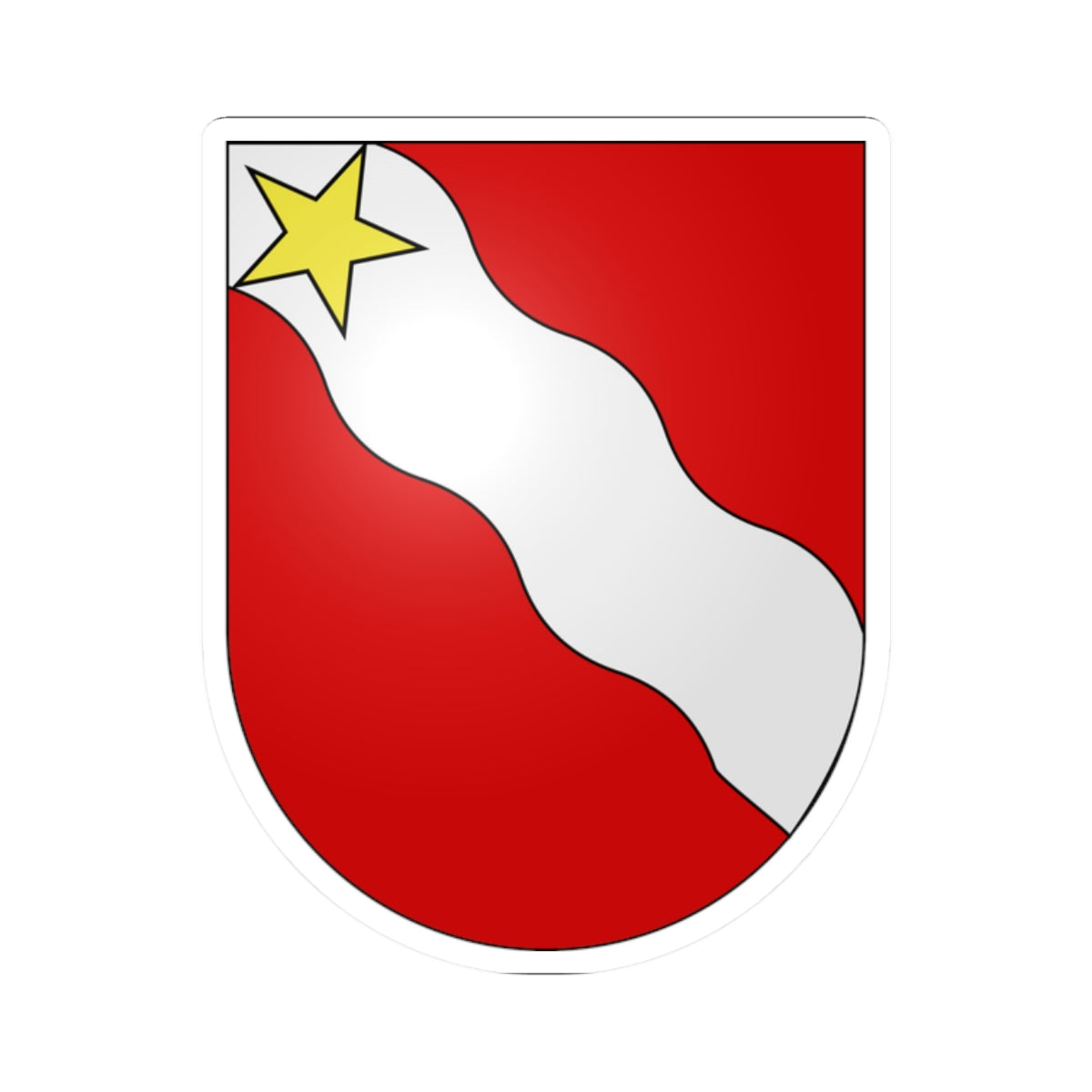 Red heraldic shield crossed by a wavy white diagonal band, with a yellow five-pointed star in the upper left.