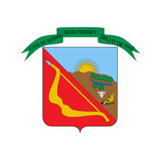 Flat vector red and brown shield with a gold spear, rising sun, steer and cornucopia above green ribbons.