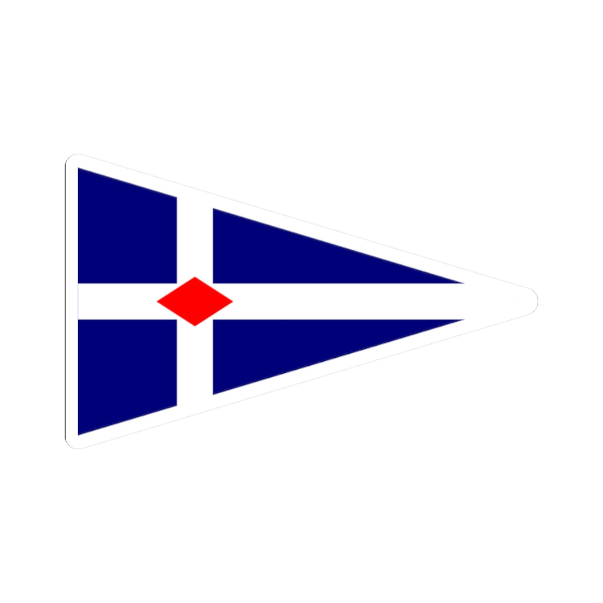 Navy triangular pennant with a centred white cross and a red diamond at the intersection, in flat vector style.